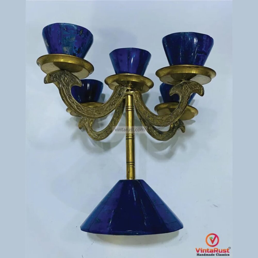 Vintage Lapis & Brass 5-Light Candle Holder: Handmade Home Decor